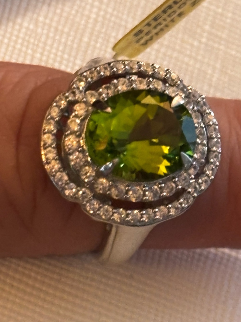 Genuine Peridot Stone Halo Silver Ring - Women Jewelry